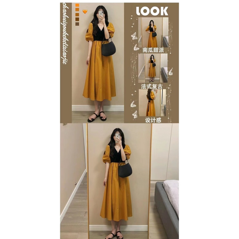 #Sisjuly# Wanita kasual ringan dan akrab gaya Hong Kong retro lengan pendek desain rok besar gaun Pr