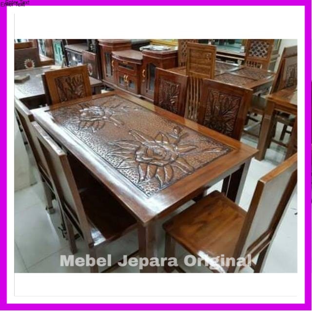 Meja makan kursi 6 + kaca meja jati