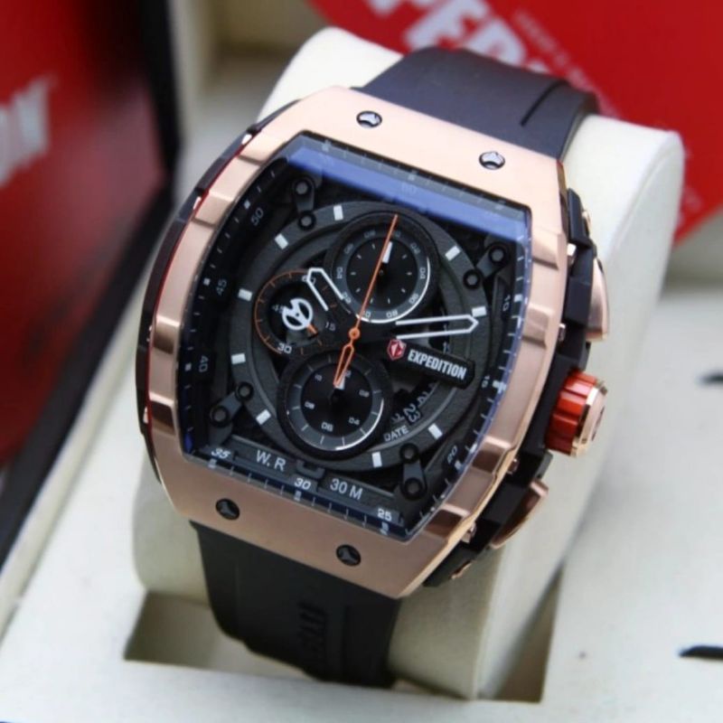 Expedition Original E6782 Jam Tangan Pria Tali Karet hitam rose gold
