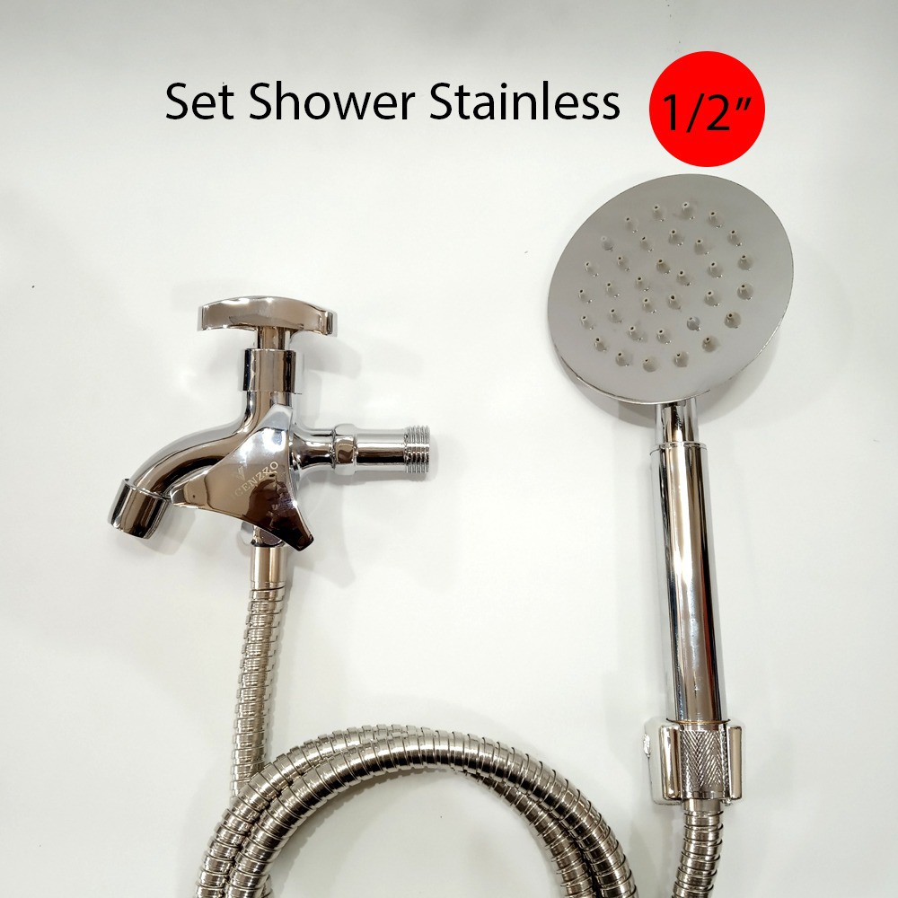 Shower Mandi Bulat Satu Set Full Stainless Ukuran Drat kran 1/2 Inch Handle Segi Tiga