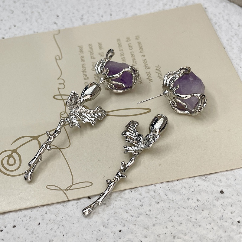 Anting Bentuk Bunga Mawar Warna Ungu Gaya Retro