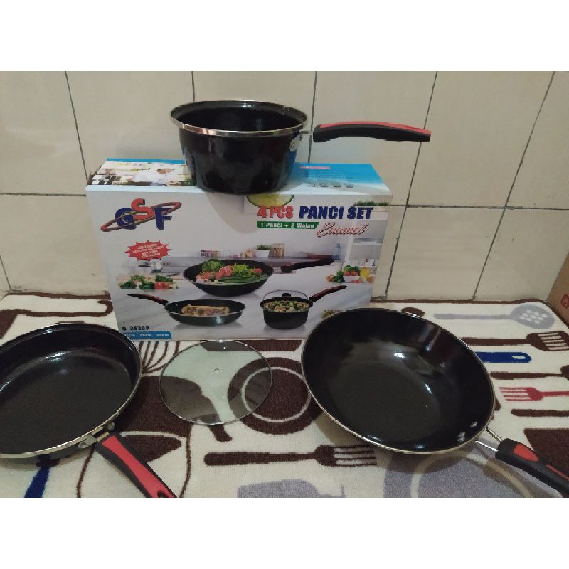 PANCI WAJAN PENGGORENG SET ENAMEL ANTI LENGKET 4 PCS GSF TUTUP KACA