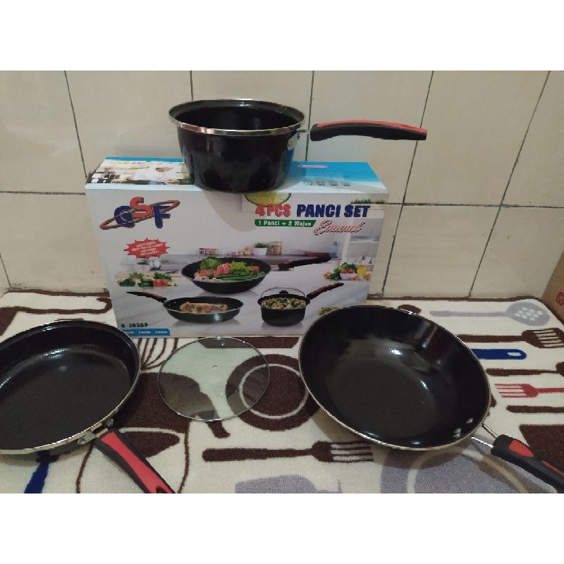 PANCI WAJAN PENGGORENG SET ENAMEL ANTI LENGKET 4 PCS GSF TUTUP KACA