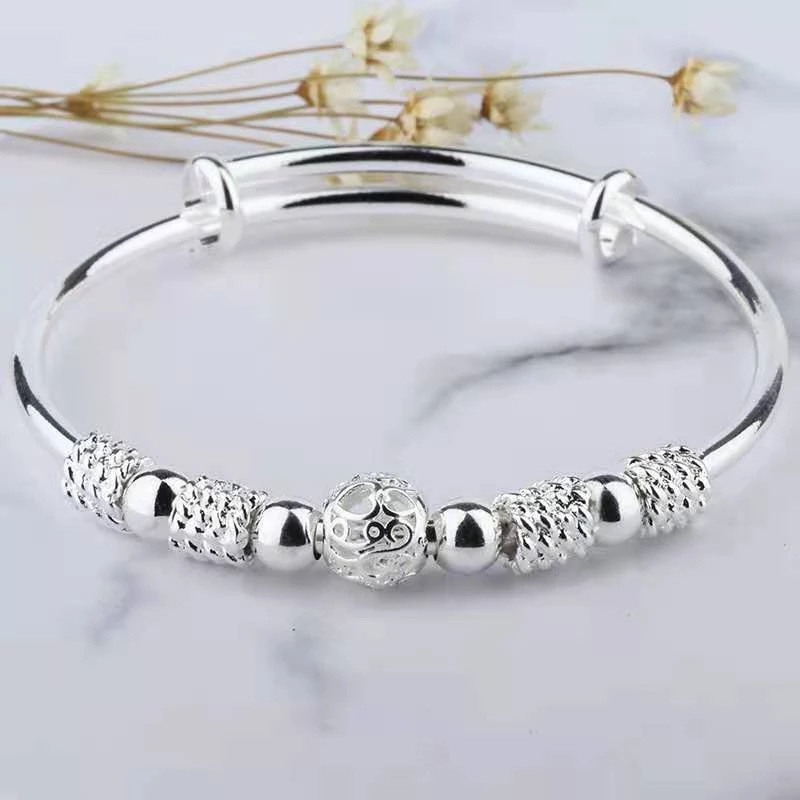 Gelang Manik-Manik Keberuntungan Adjustable Warna Silver Untuk Wanita