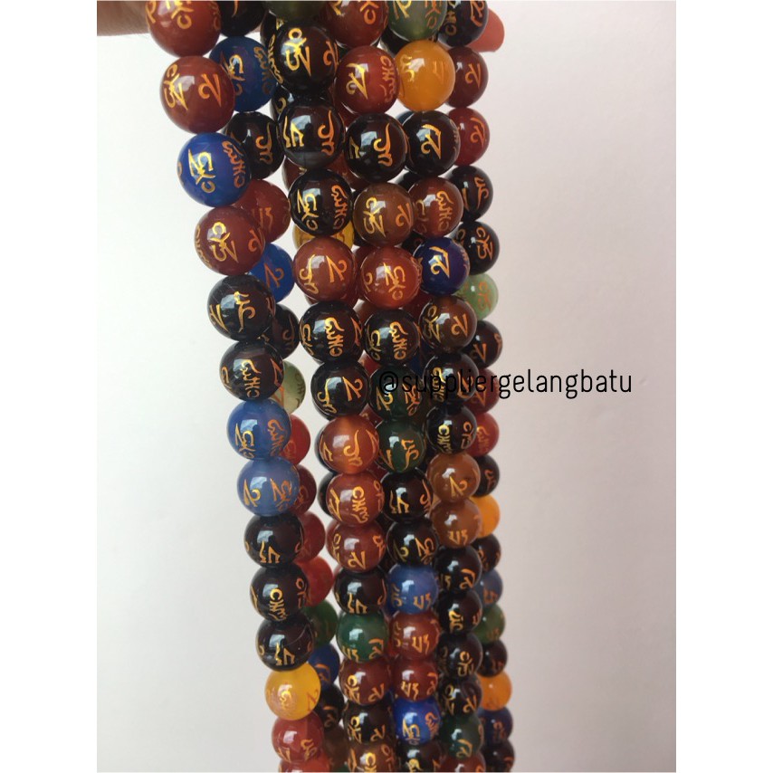 14mm multicolour omni padme hum tibet renceng batu alam onyx asli kilap bacan akik pancawarna asli