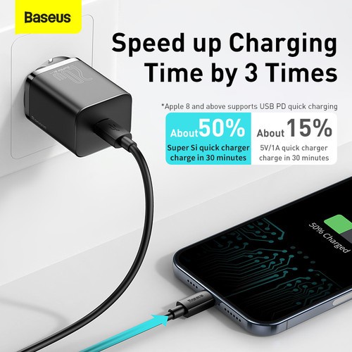 BASEUS Super Si wall Charger 1C 20 Watt Included Cable Type-C to iPhone 1m - TZCCSUP-B