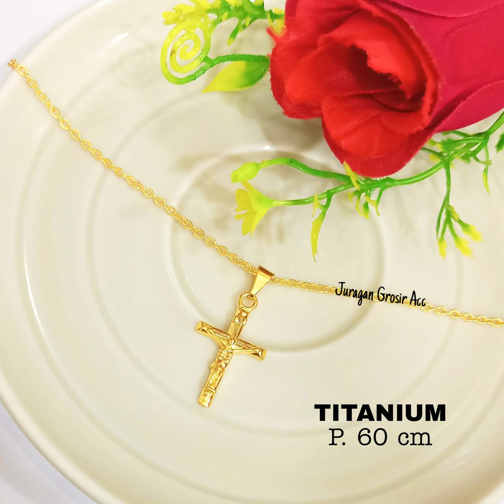 Kalung TITANIUM salib logam emas hongkong anti karat tidak luntur