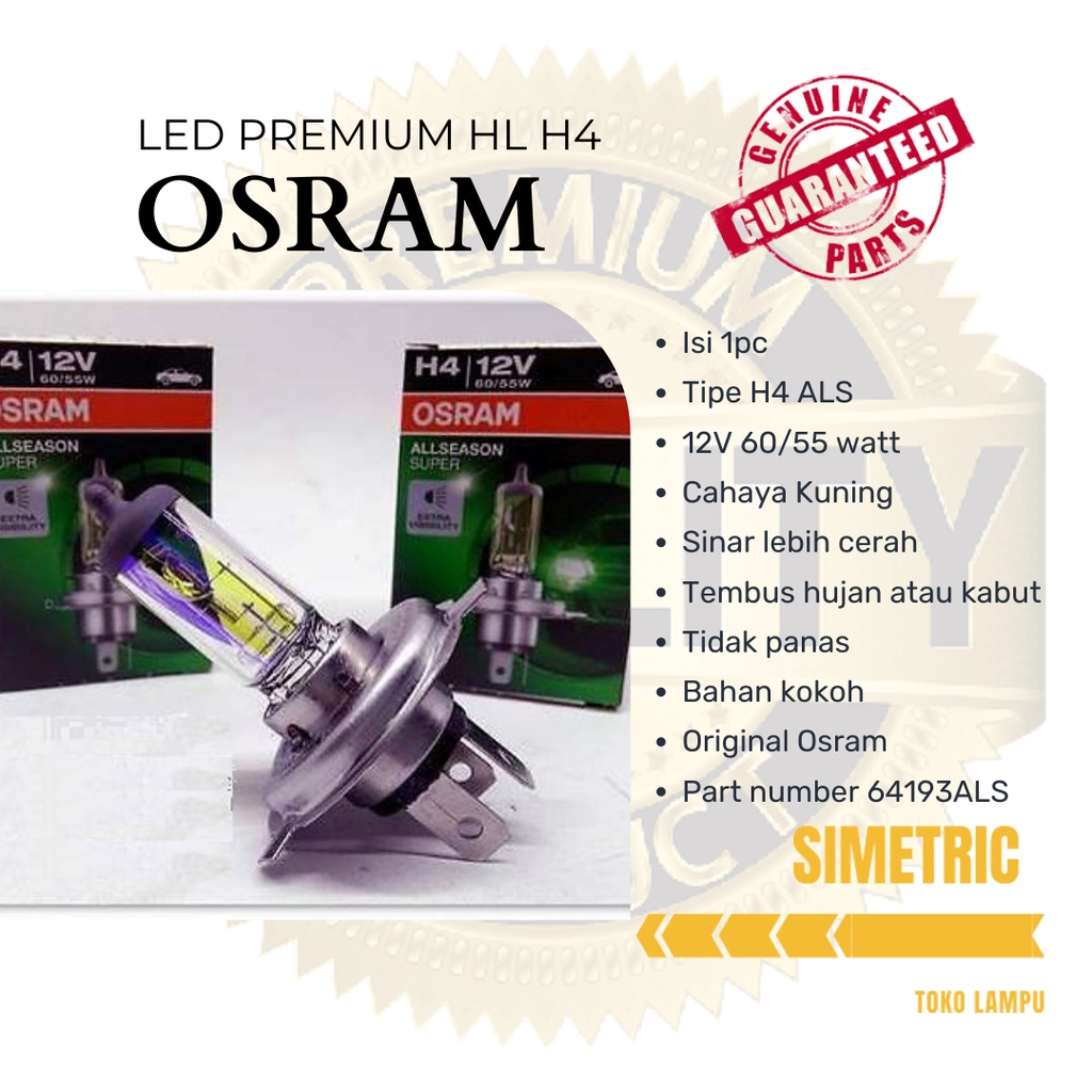 LAMPU MOBIL H4 OSRAM ALL SEASON - BOHLAM MOBIL H4 STANDAR 60/WATT OSRAM ALS
