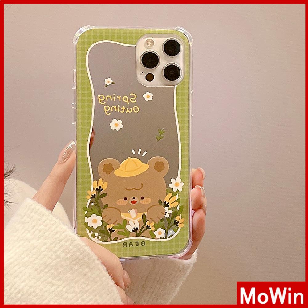 iPhone Case Acrylic Mirror Airbag Shock Resistant Big Hole Camera Protection Green Flower Bear Compatible For iPhone 11 iPhone 13 Pro Max iPhone 12 Pro Max iPhone 7 Plus