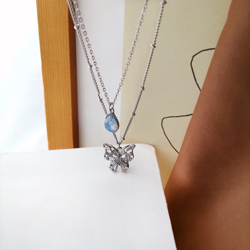 Blue Water Drop Butterfly Necklace Accessories Temperament Double Clavicle Chain