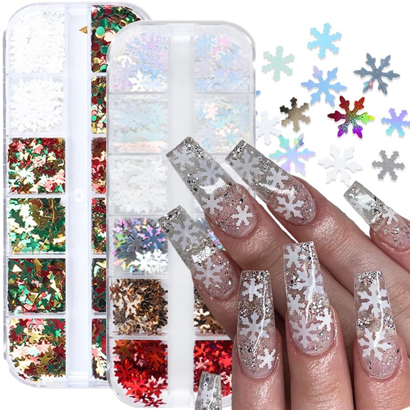 12 Grids 3D Snowflakes Christmas Tree Metal Sequins / Laser Glitter Christmas Nail Art Sequins / DIY Nail Art Tools / Professional Manicure Accessories