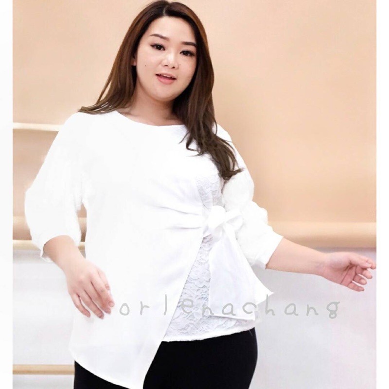 PREMIUM Blus putih wanita pita samping kombinasi brukat perancis