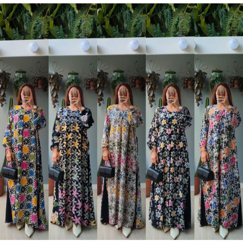 Baju Gamis Batik Modern Kombinasi Polos Ori Pekalongan Lengan Panjang Terbaru Premium