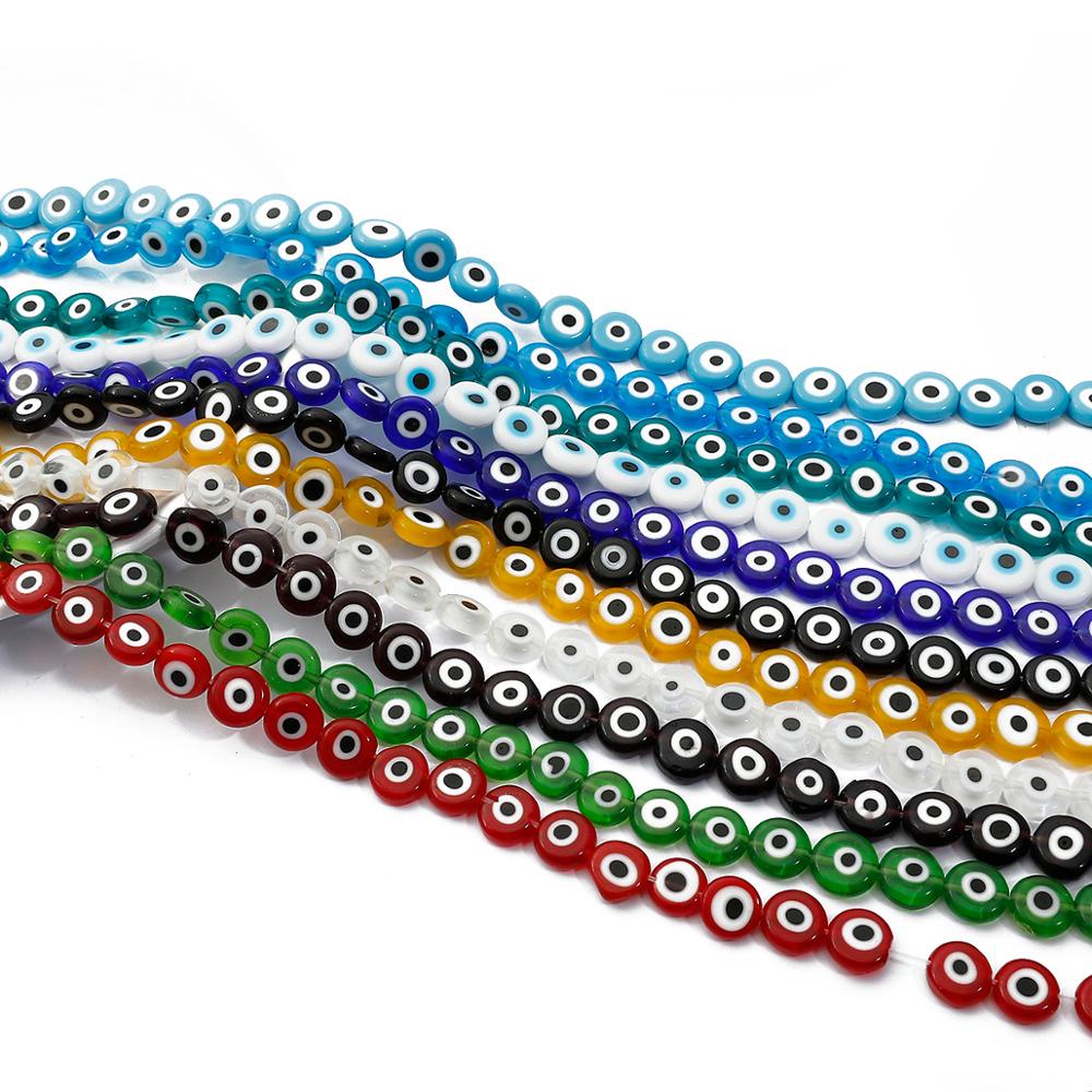 38-60 Pcs 6 8 10 Mm Bulat Datar Evil Eye Beads Lampwork Glazed Multicolor Glass Beads untuk Gelang Kalung DIY Membuat Perhiasan 35 Cm