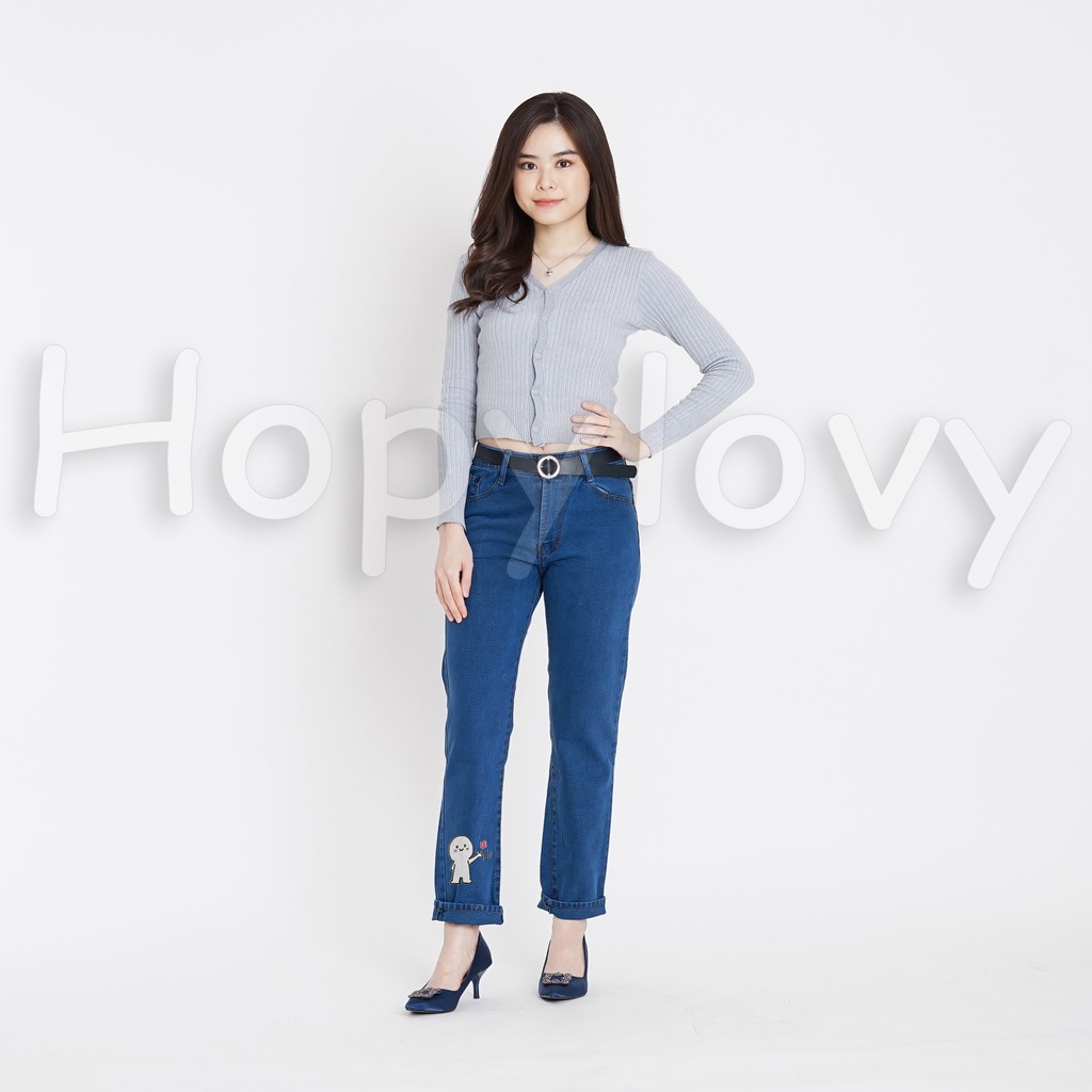 HOPYLOVY - Celana Boyfriend Jeans Wanita Printing Biu