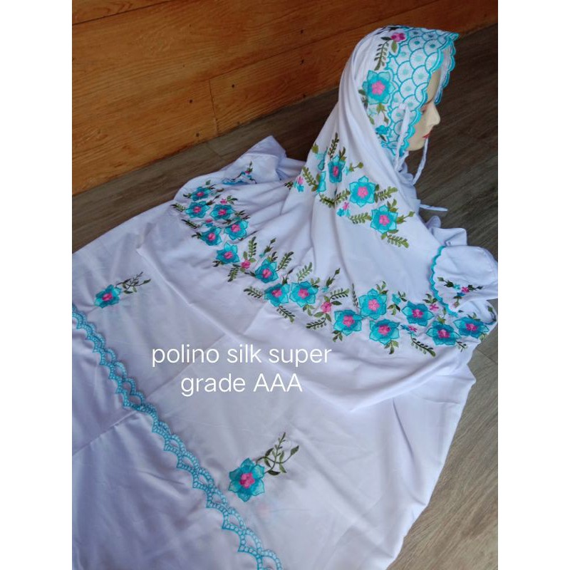 Mukena dewasa terusan lajuran polino bordir kudusan melingkar warna ungu biru toska ijo