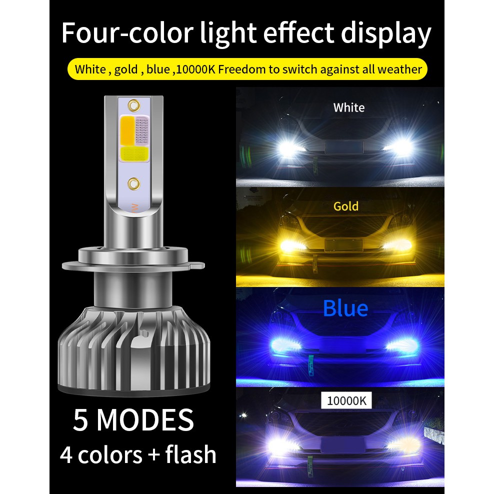 1 Pair Empat warna + Flash LED Lampu Mobil 10000LM Auto LED H4 H1 H7 H8 H9 H11 H16 9005 HB3 9006 HB4