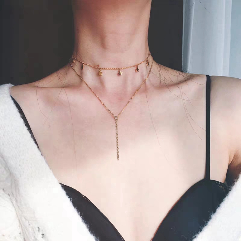 YEEZII Kalung Rantai Choker Multilayer Dengan Liontin Kristal Gaya Korea Untuk Wanita