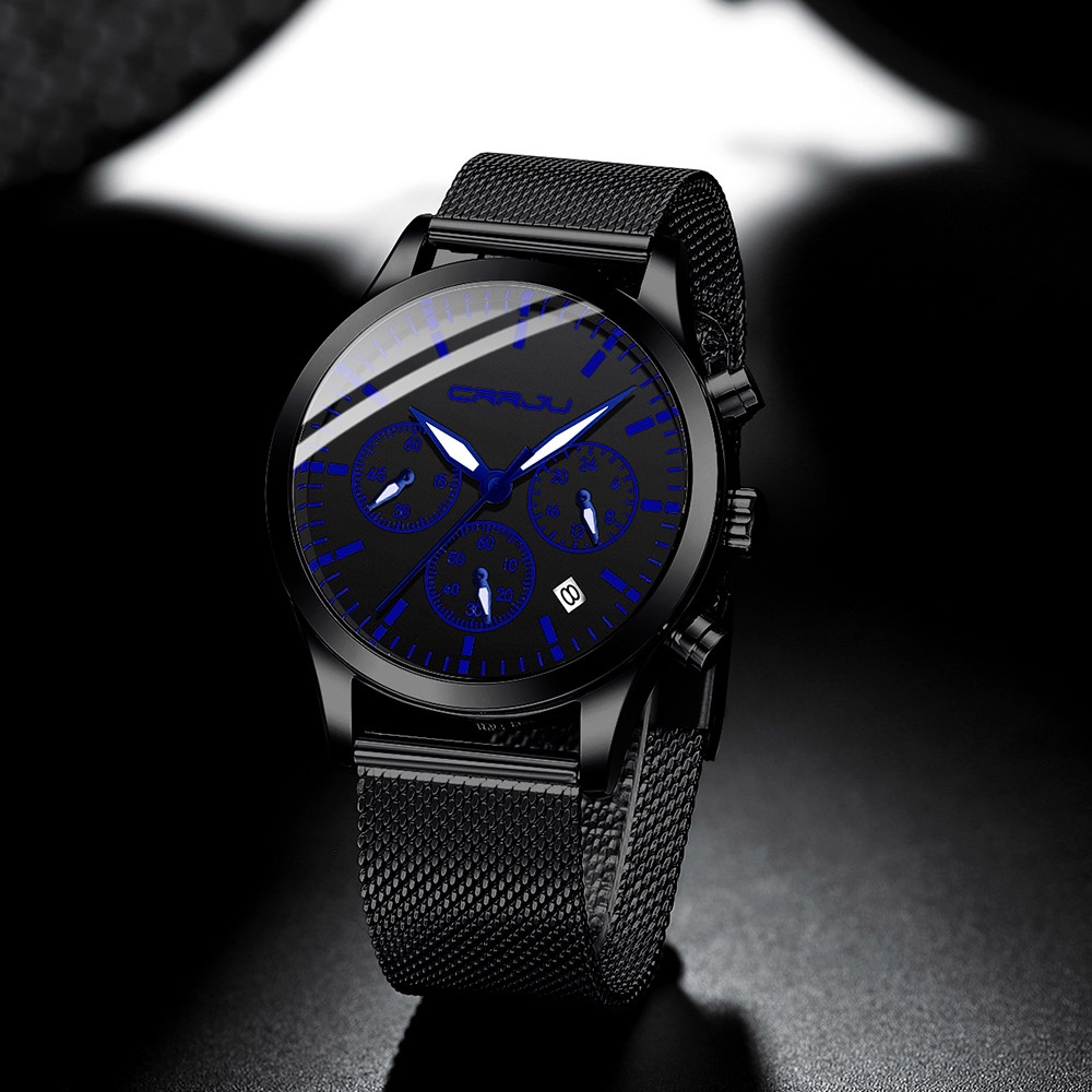 CRRJU Original Jam Tangan Pria Fashion Kronograf besi tahan karat Anti Air Sports Jam Tangan Cowok + Kotak