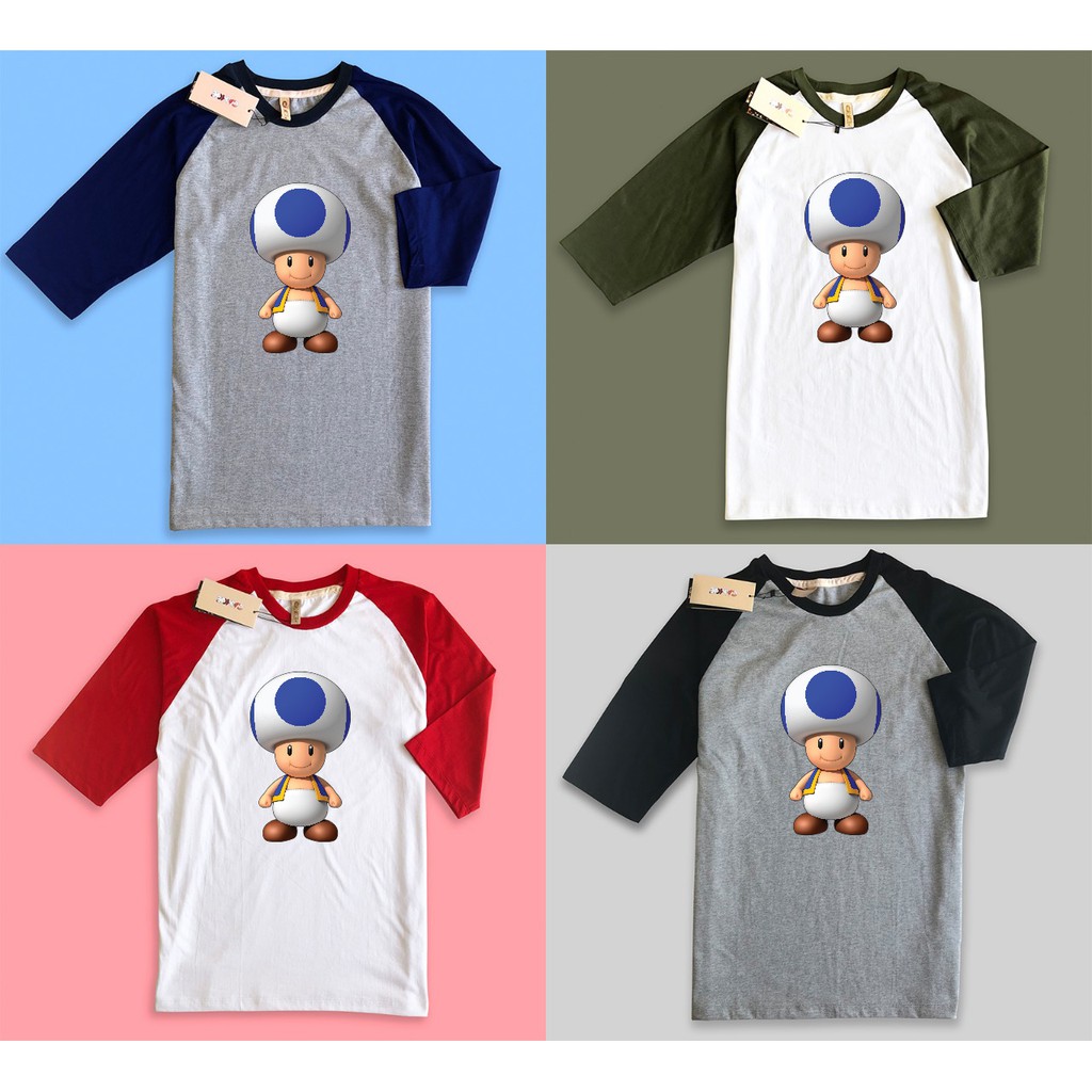 baju kaos raglan premium super mario bros toad biru mushroom Jamur