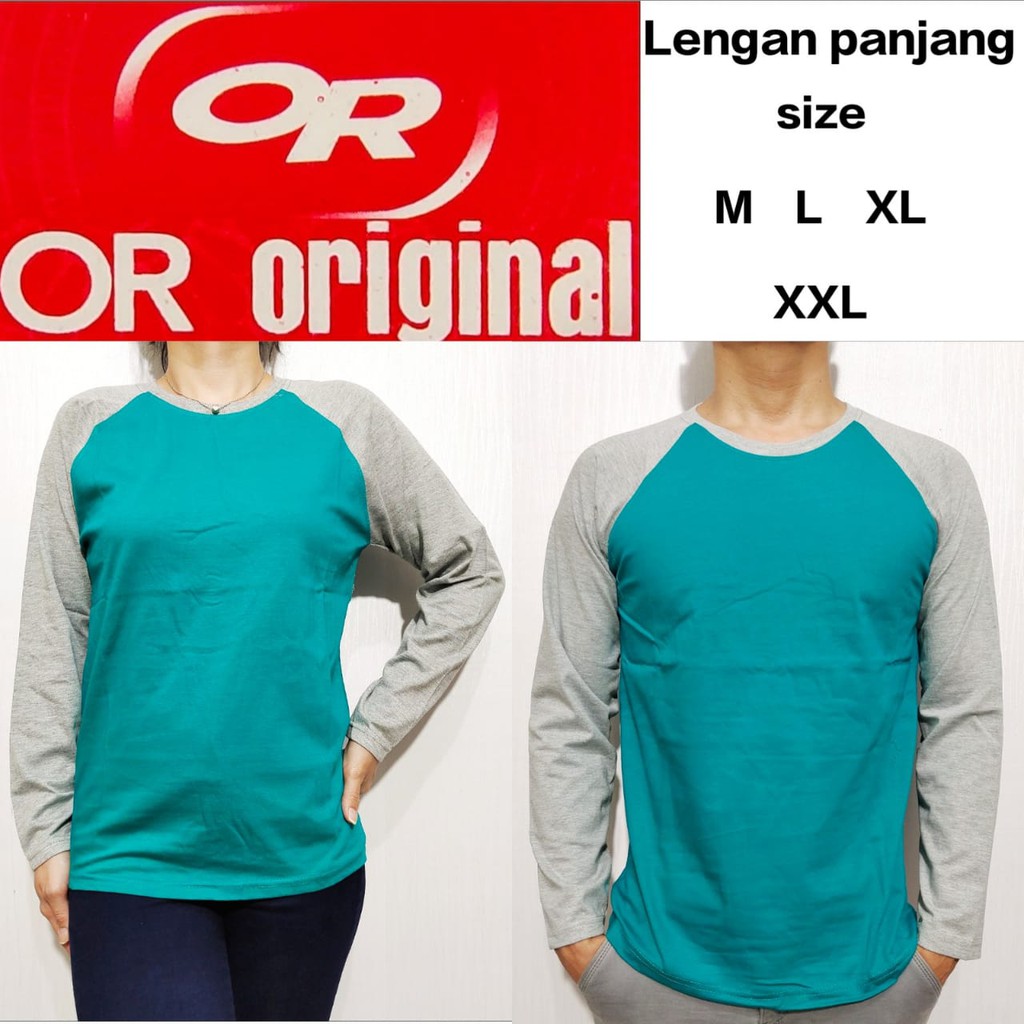 Kaos polos reglan hijau tosca lengan abu misty panjang M L XL XXL