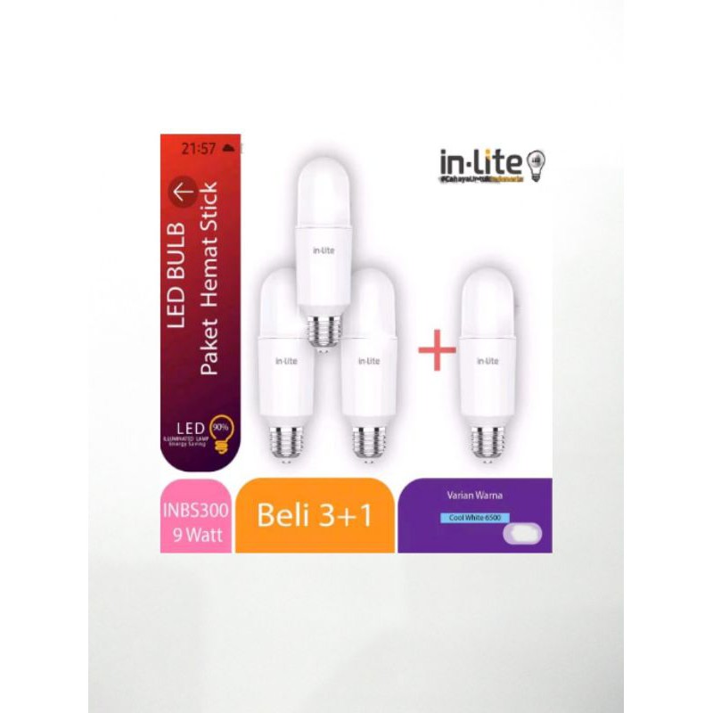 Lampu LED Stik 9 watt 3 Gratis 1 Putih E27 inlite