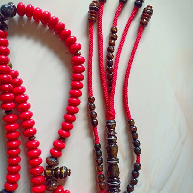 Tasbih tijani red coral Marjan combinasi tali arus UK 10x7mm