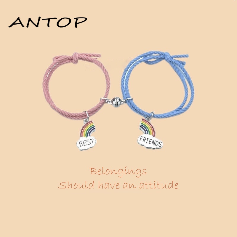 2pcs / Set Gelang Pelangi Tali Kepang Magnetik Adjustable Hias Manik-Manik Hitam Gaya Etnik China Untuk Pasangan Perhiasan Fashion ANTOP