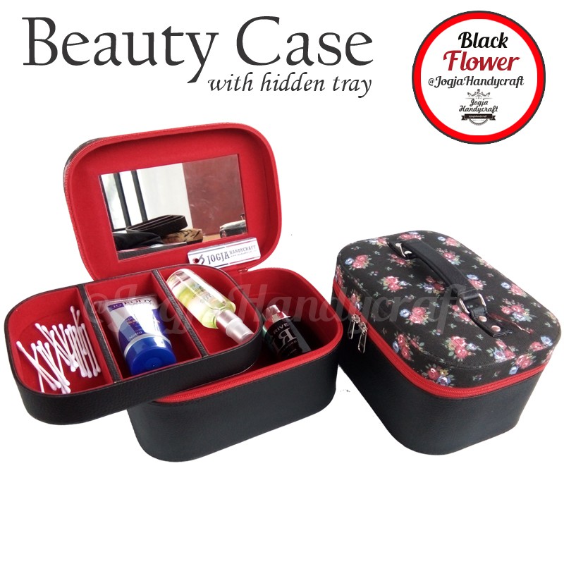 Traveller Cosmetic Case / Kotak Tempat Make Up Cantik Motif Bunga Hitam