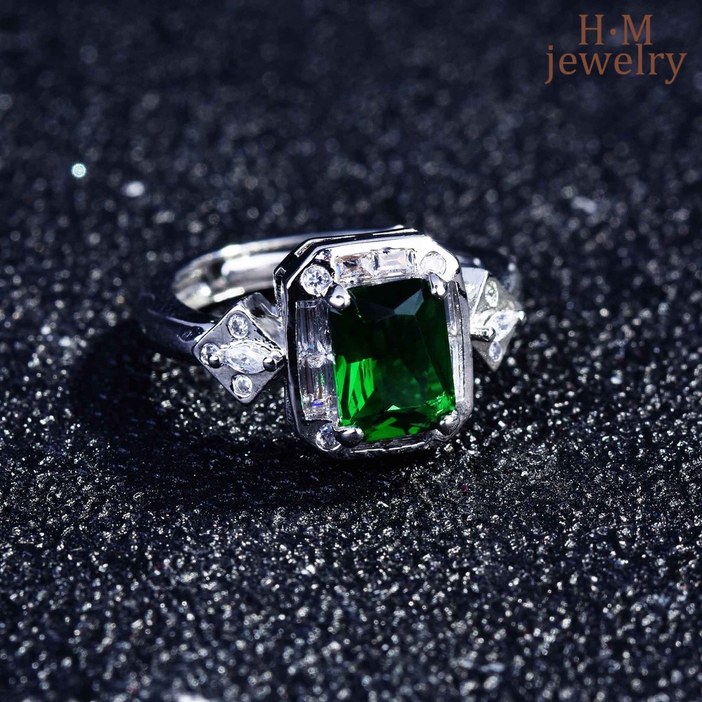 Cincin Model Terbuka Bentuk Persegi Panjang Aksen Emerald Turmalin