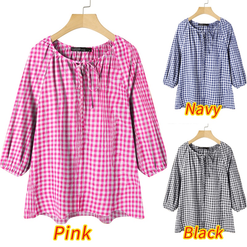 ZANZEA Womens 3/4 Sleeve Vintage O Neck Shirt Tops Plaid Loose Blouse