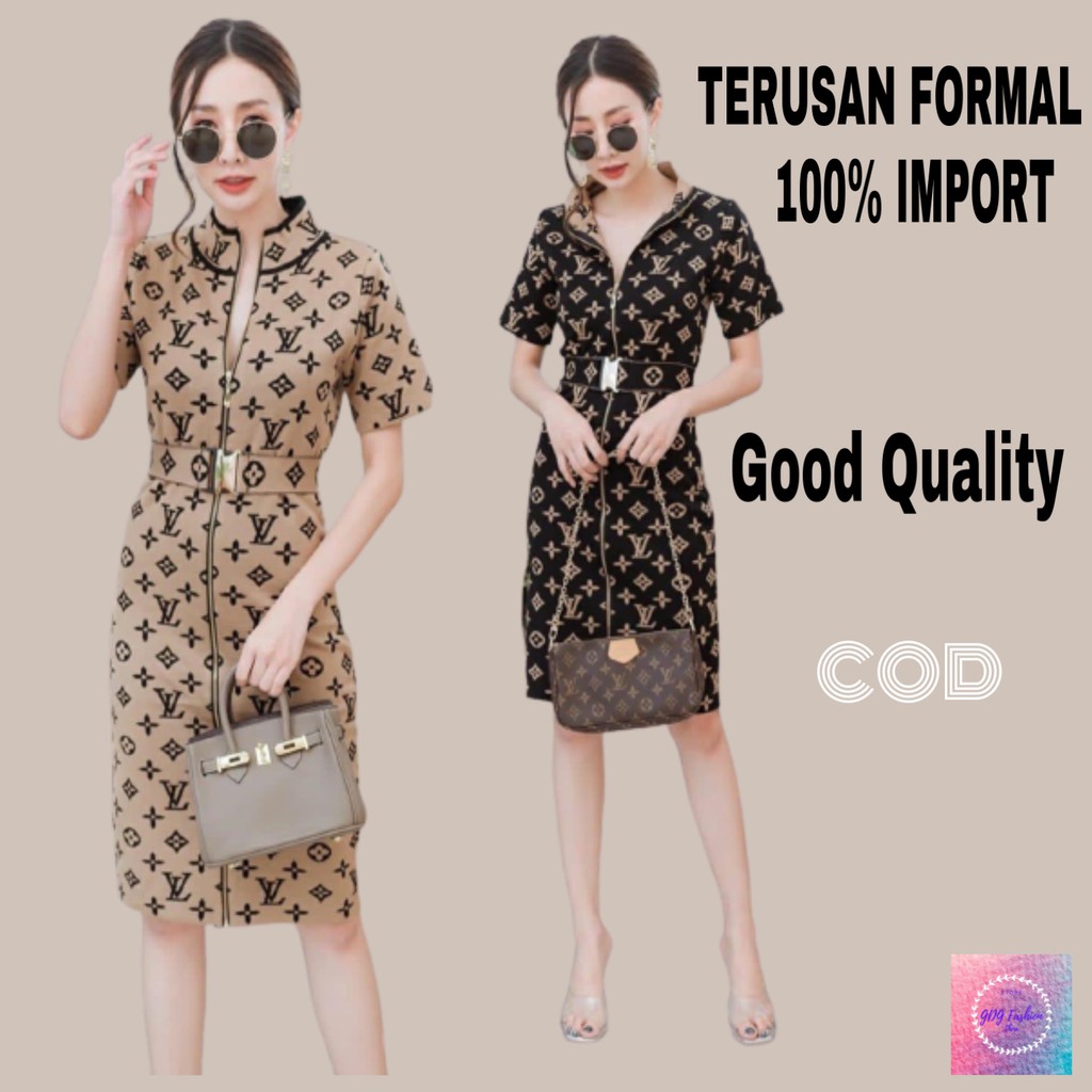 Baju Terusan Dress Formal Pakaian Wanita Rajut Import Premium Full Print LV A1070