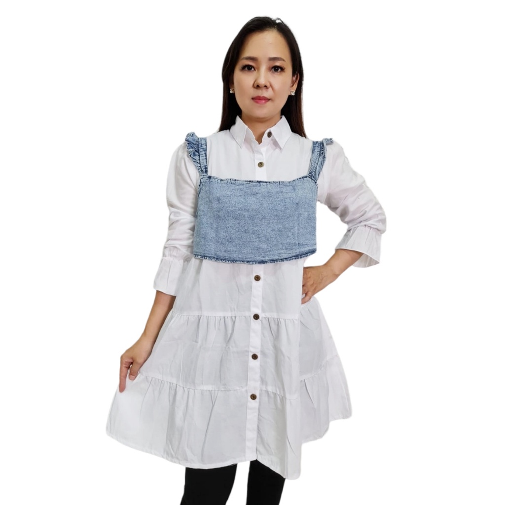 Minola Atasan Tunik Wanita + Rompi Jeans Wanita Lengan Panjang 2IN1