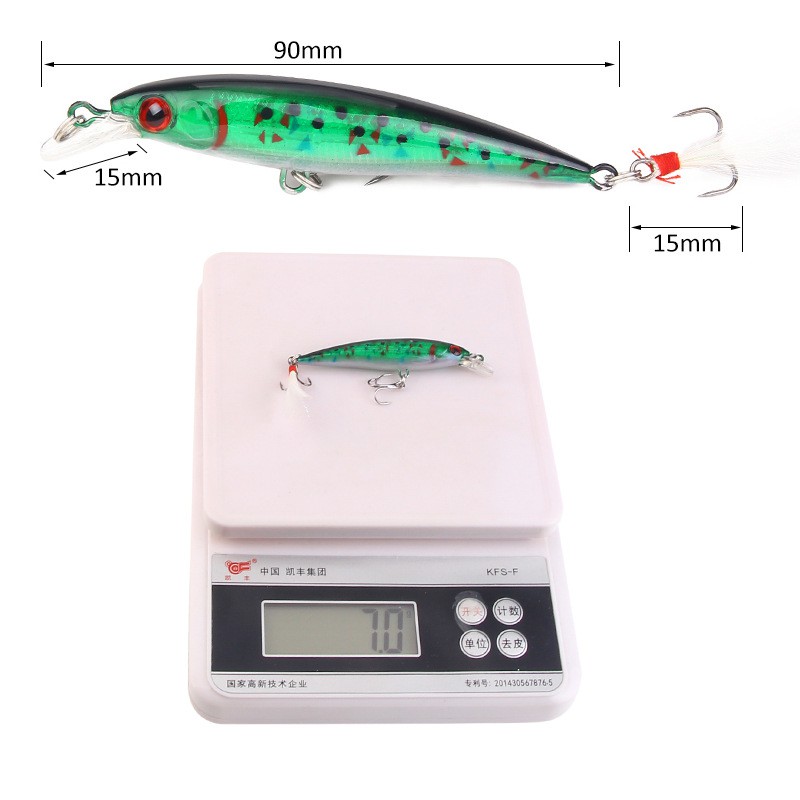 1pcs Umpan Pancing Ikan Minnow Apung 9cm 7g Dengan Kail Bulu Fishing Lure Bass Wobbler Floating Bait