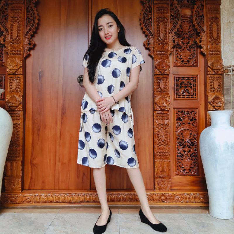 PIYAMA BALI - PIYAMA PENDEK - MOTIF JEPUN-Moon Cream