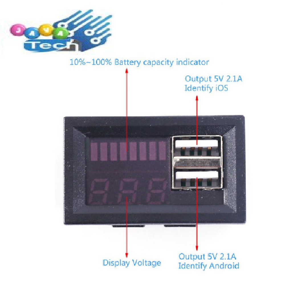 Voltmeter Indikator Baterai 12V dengan Dual USB Output 5V 2.1A