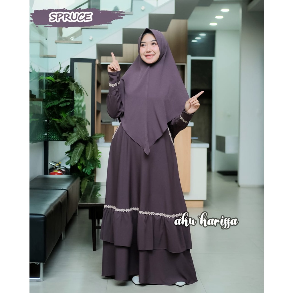 Gamis set khimar KHALINDRA KASANDRA original Aku Karissa cringkle itycrepe terbaru OOTD lebaran series seragaman syari polos renda estetik