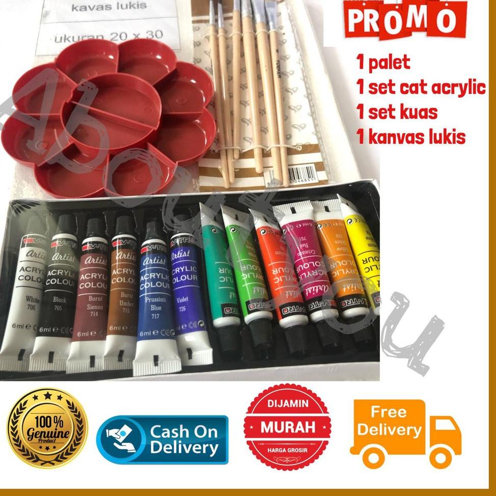 

❊Best Product✤➘ PAKET LUKIS KOMPLIT 4 in 1 KANVAS Besar Cat Akrilik Palet Kuas Set Melukis Lengkap J52