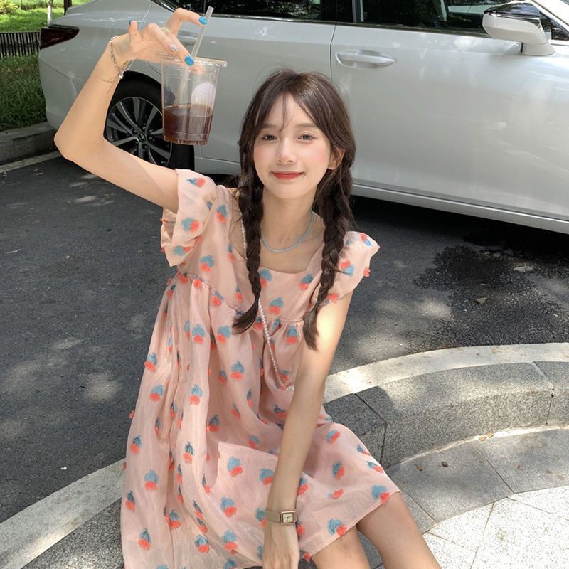 [MikanHiro Store] Dress Line A Cute Dress Peach Short Korean Style Summer Dress Gaun Lucu Remaja