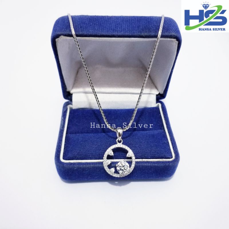 Kalung Perak Wanita Silver Asli 925 Lapis Emas Putih Italy Liontin Bulat Batu Putih