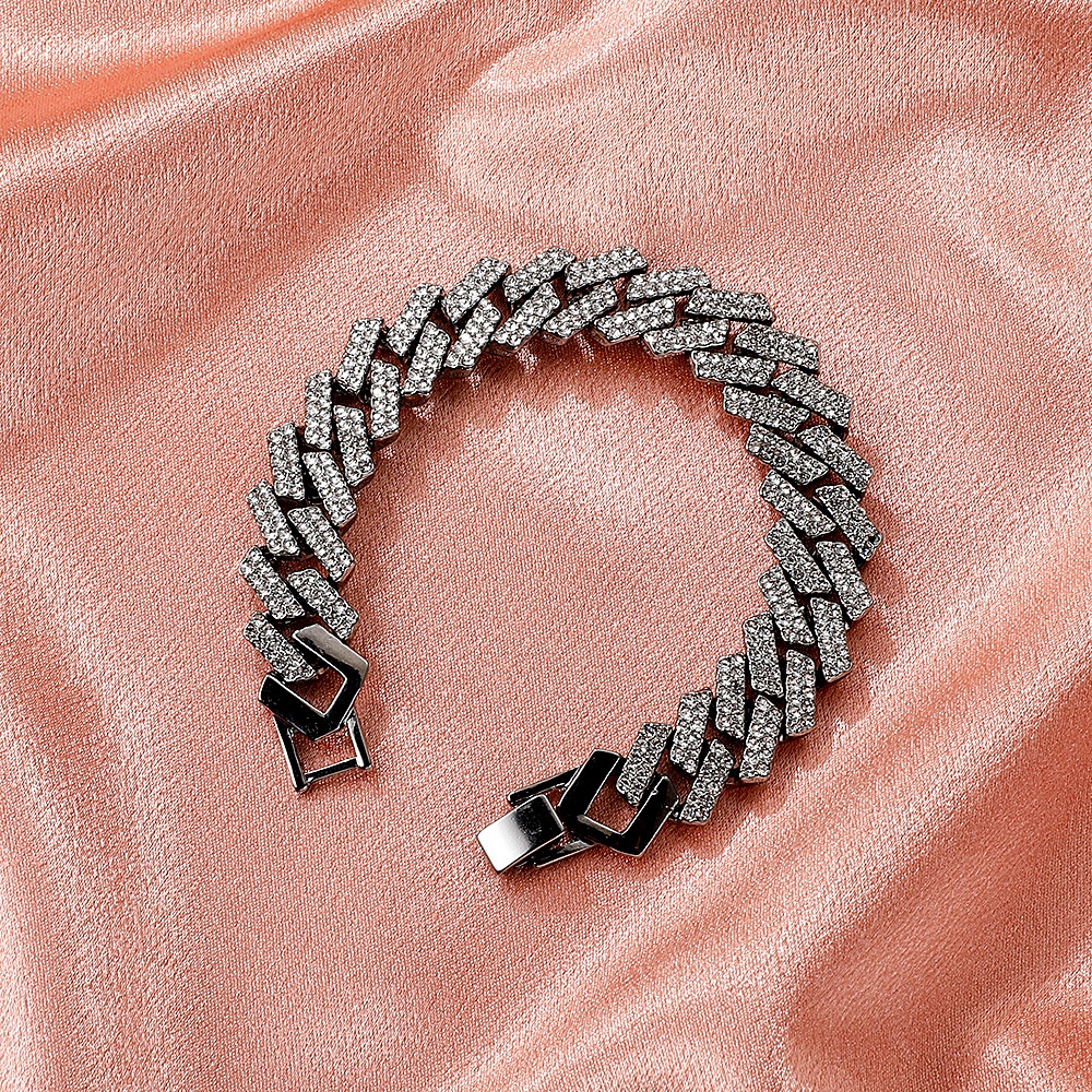 Versi Lebar Bertabur Berlian Kuba Gelang Retro Paduan Tebal Rantai Gelang Pria dan Wanita Gaya Yang Sama Rantai Rantai Fashion Perhiasan