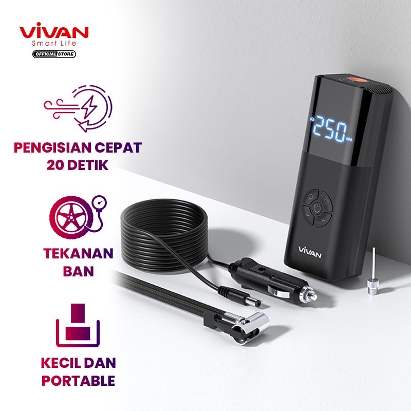 VIVAN VTI02 Pompa Ban Mobil Portable Inflator Tire Elektrik LCD Display Air Compressor Mini Serbaguna Garansi Resmi 1 Tahun