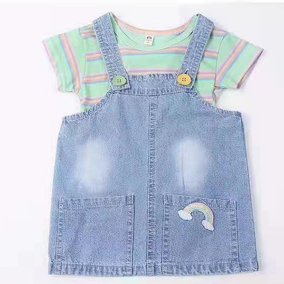 KF CAT Dress Jeans Overall Anak Perempuan Motif Stripe Rainbow Import Pakaian Anak Cewek 9bulan - 3tahun-7