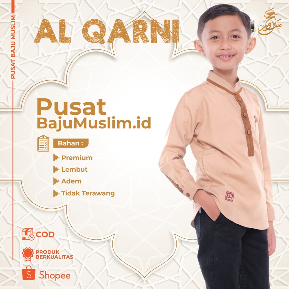 Baju Koko Kurta / Busana Kemeja Pakaian Muslim Anak Laki laki Cowok Merk Arra Model AL Qarni Bahan Nyaman dan Lembut dari Kain Oxford Denim Premium dengan Potongan Lengan Panjang