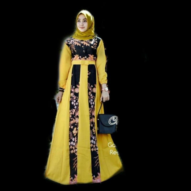 SAROJA BATIK Couple Sibulan kuning mix Ballotelli sarimbit batik couple batik keluarga-Gamis ibu
