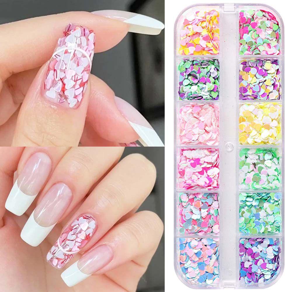 NEEDWAY Nail Art Sequin 12kisi Warna-Warni Pesona Kuku Manikur Aksesoris Nail Art Patchs Heart Nail Art Sequin