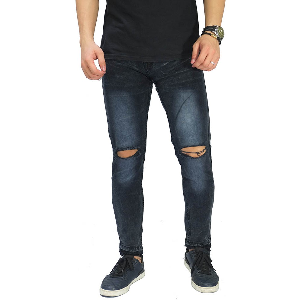 CELANA JEANS PANJANG PRIA COWO LAKI KNEE RIPPED RAW FRAYED HEM BLACK FADED