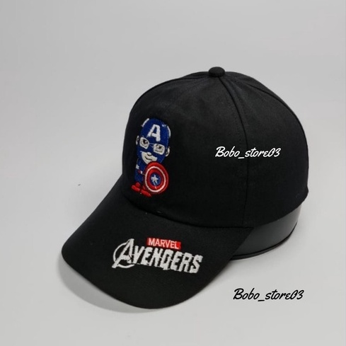 Bobo_store03 Topi Baseball Anak laki laki perempuan Karakter Superhero spiderman Tayo Boboboy hellokitty lol Usia 2 Sampai 8 Tahun Kualitas Terbaik-avengers hitam