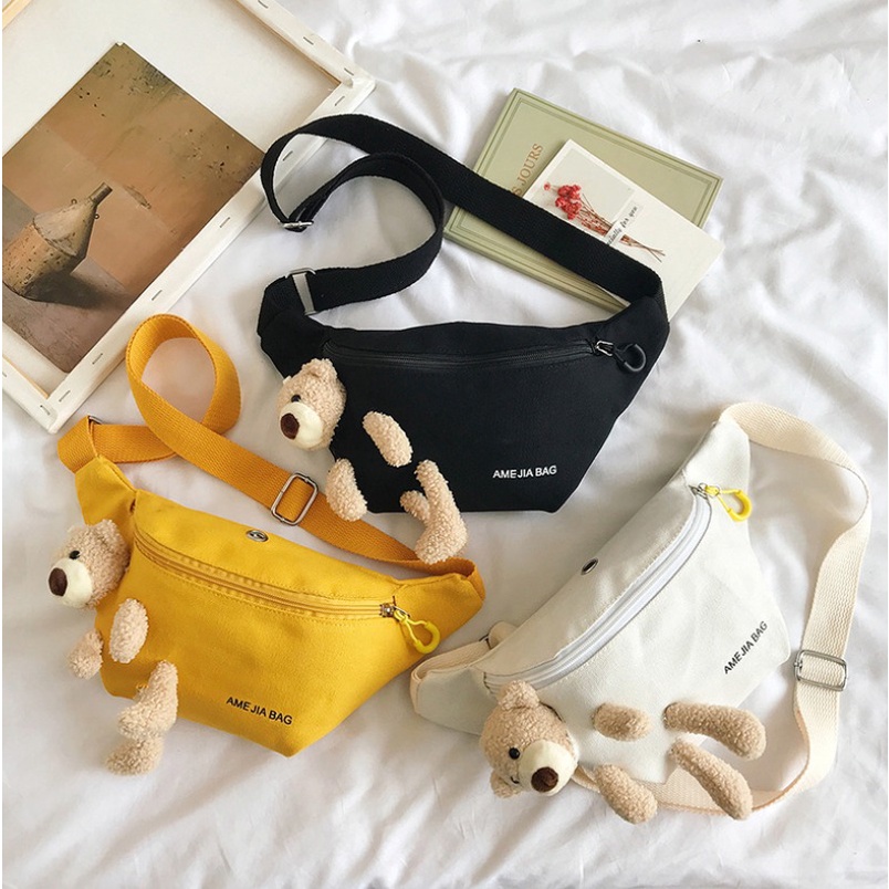 CHIKOISME - AML BEAR Waist Bag Tas Selempang Bahu Waistbag Canvas Gantungan Boneka Lucu Slingbag Unisex  Remaja Cute Korean Import NR