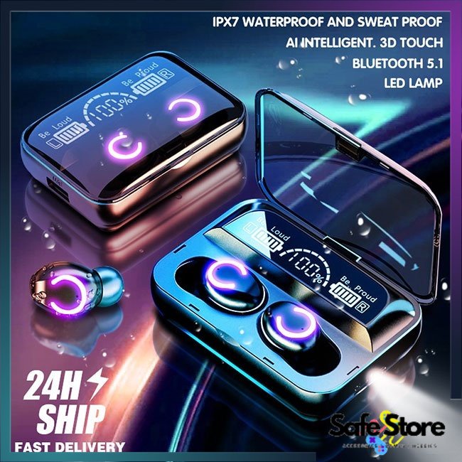 (COD) SAFE F9-47 Headset Bluetooth 3500mah Power Bank Wireless Earphone Dengan Senter TWS with Mic H